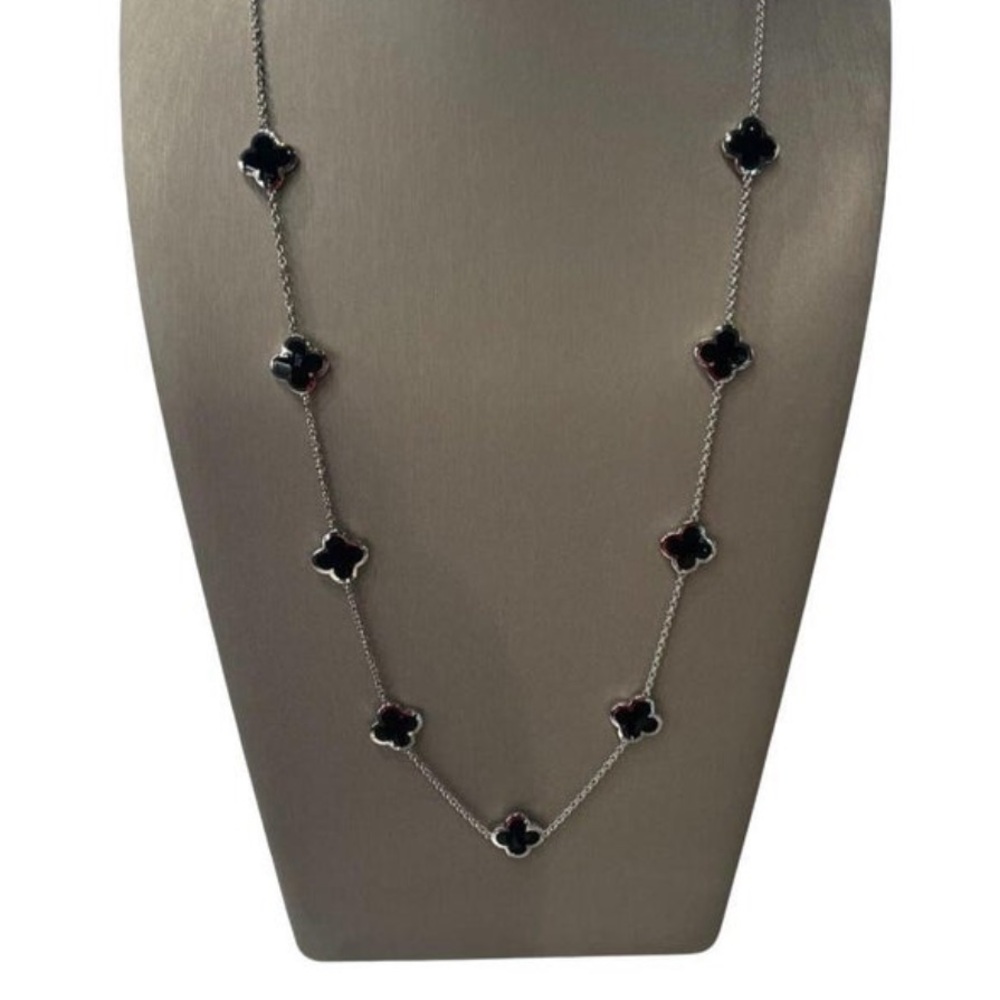 Faux Black Onyx Clover Necklace Silver Chain